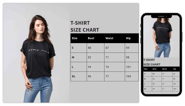 T-shirt size chart for clothing dropshipping